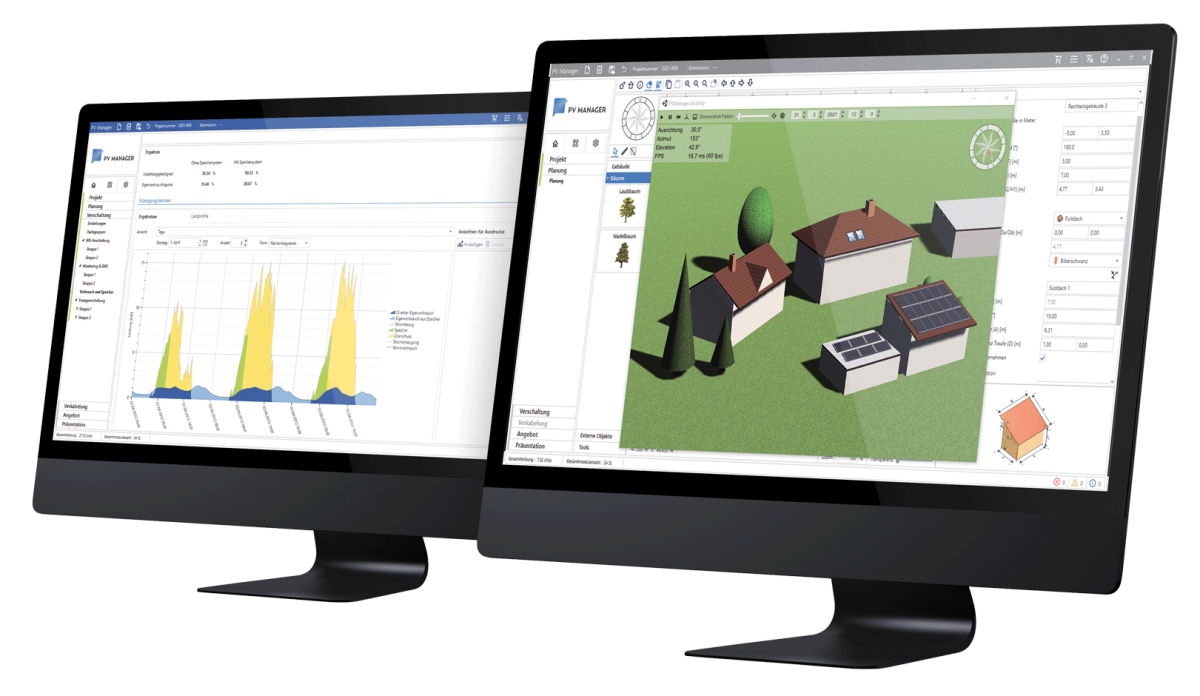 Zwei Computerbildschirme mit PV‑Planungssoftware, dargestellt mit Ertragsgrafiken und 3D‑Visualisierung einer Solaranlage auf mehreren Gebäuden